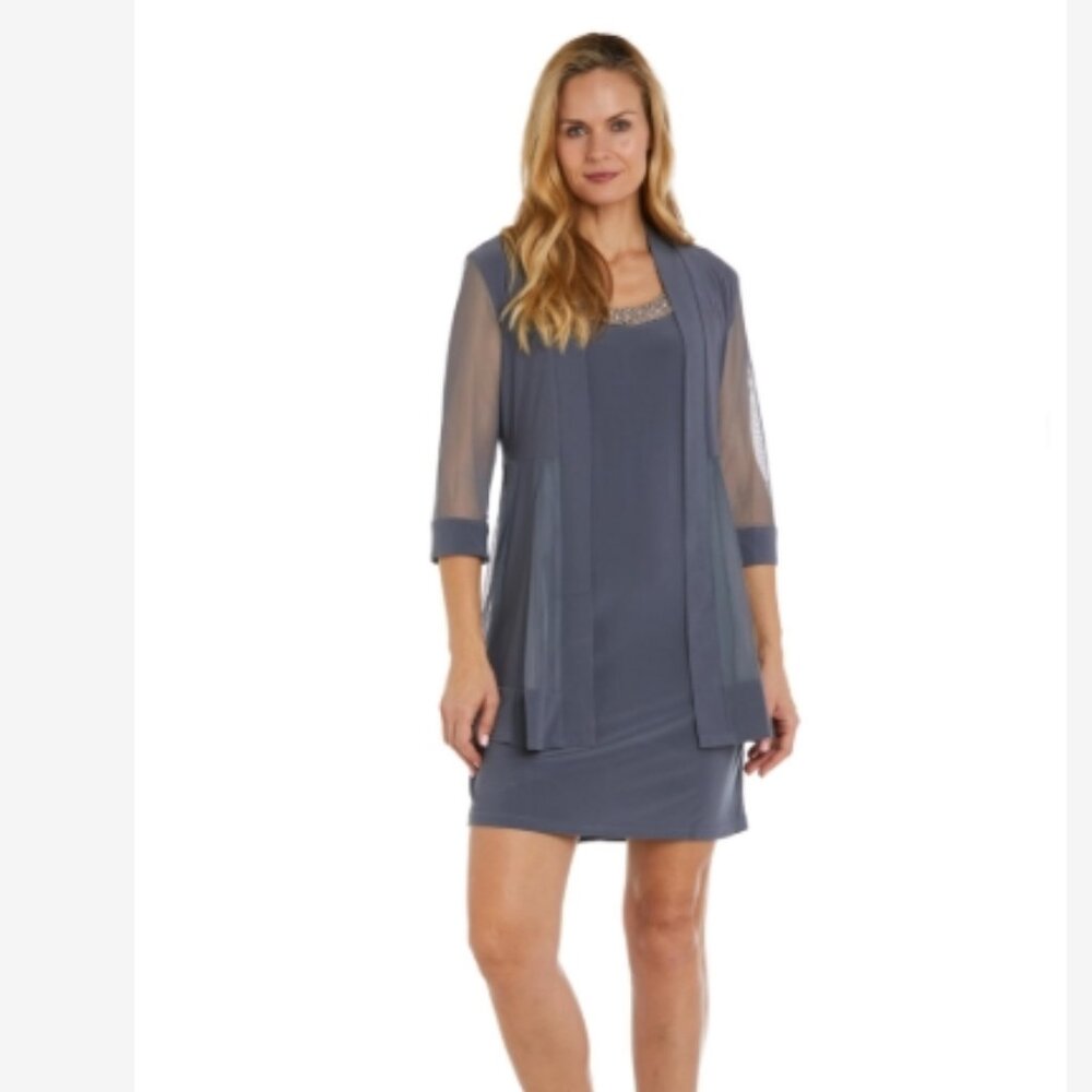 NWT Women's R&M Richards Women's Formal Beaded Jacket Dress, Charcoal SZ 10